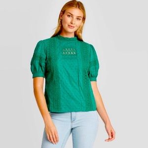 Universal Thread green cotton and lace top 3/4 puff sleeve size Large NWT